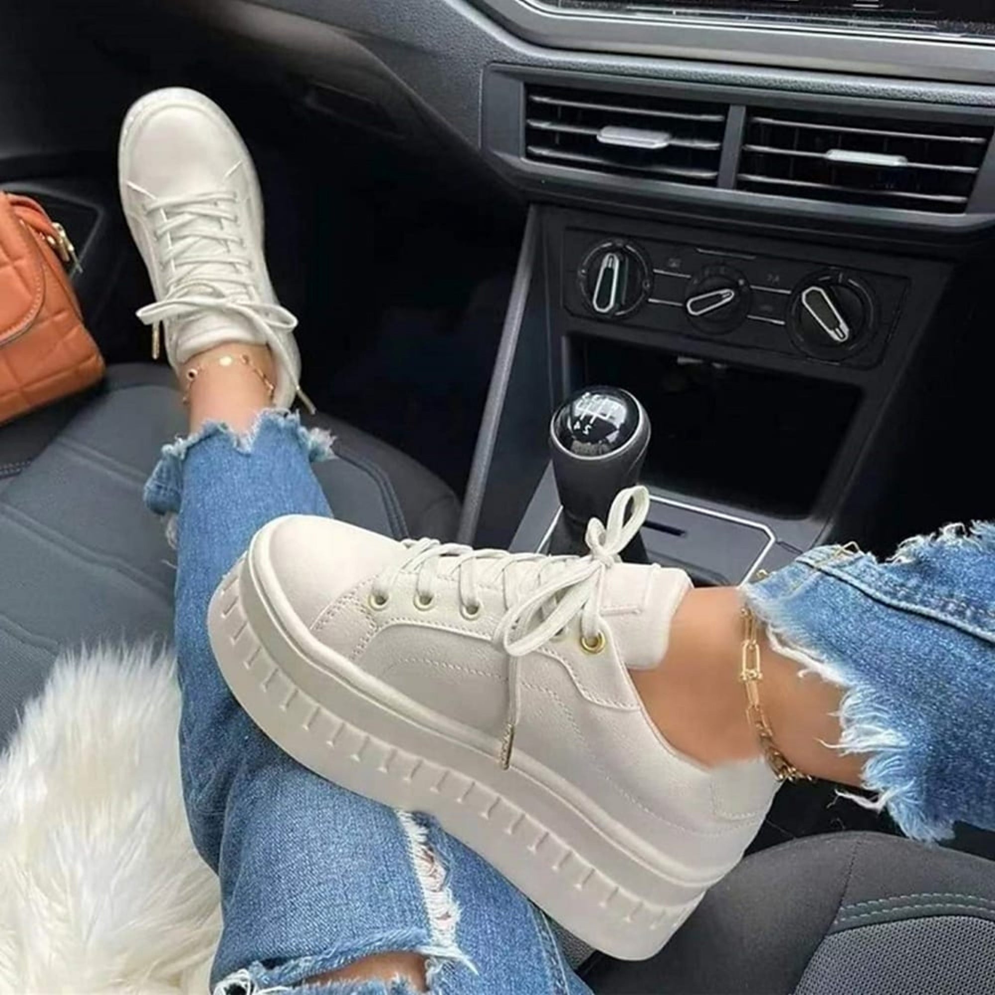 Platform Sneakers with Thick Sole in Faux Leather for Women