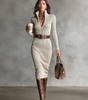 Fitted Midi Dress with Long Sleeves and V-Neck in Ribbed Knit