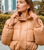 Short Faux Leather Puffer Jacket with Loose Fit and Stand-Up Collar for Women