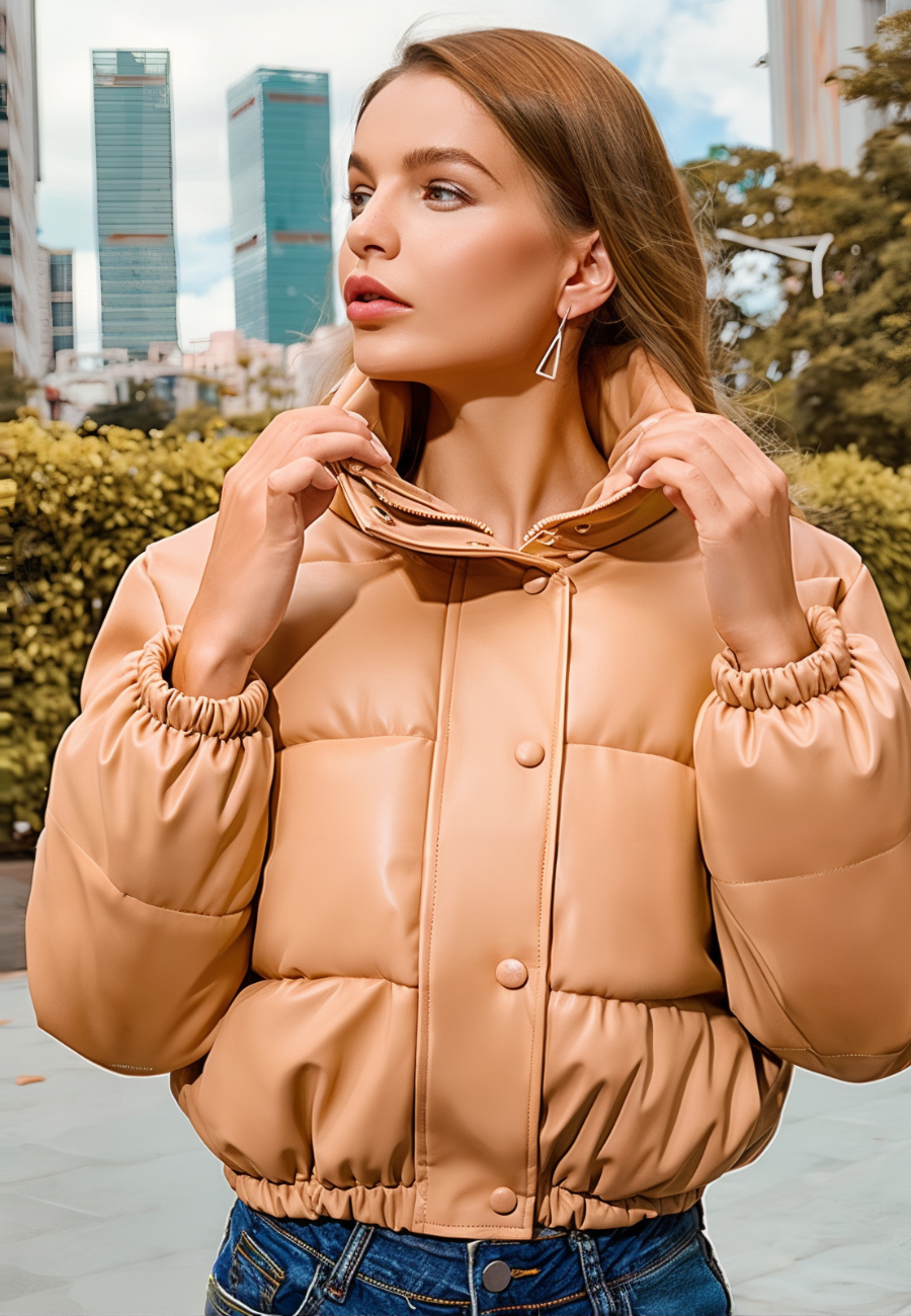 Short Faux Leather Puffer Jacket with Loose Fit and Stand-Up Collar for Women