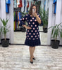 Pleated Polka Dot Dress Pink Navy Fitted Cut