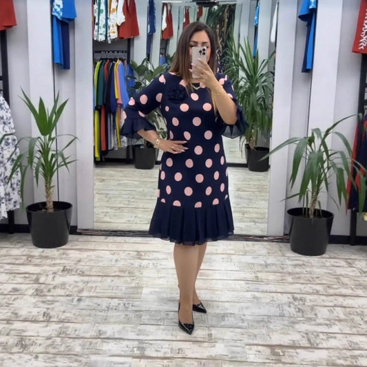 Pleated Polka Dot Dress Pink Navy Fitted Cut