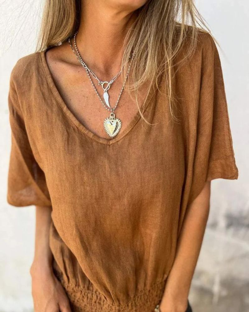 Casual Mixed Ramie V-Neck Top for Women | Ideal for Summer