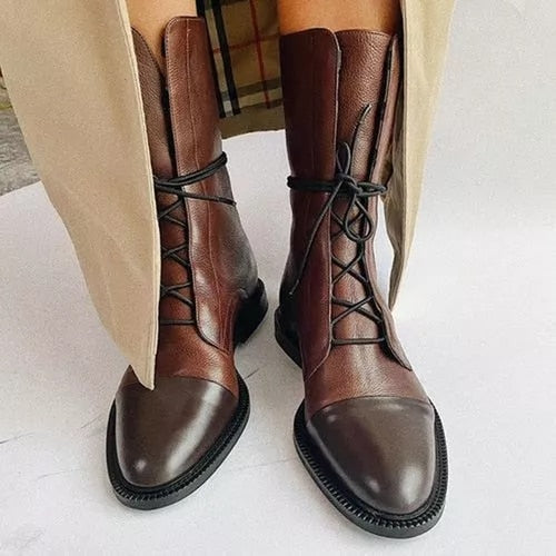 Mid-Calf Lace-Up Boot with Faux Leather Heel for Women
