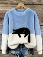 Casual sweater with cat pattern for women