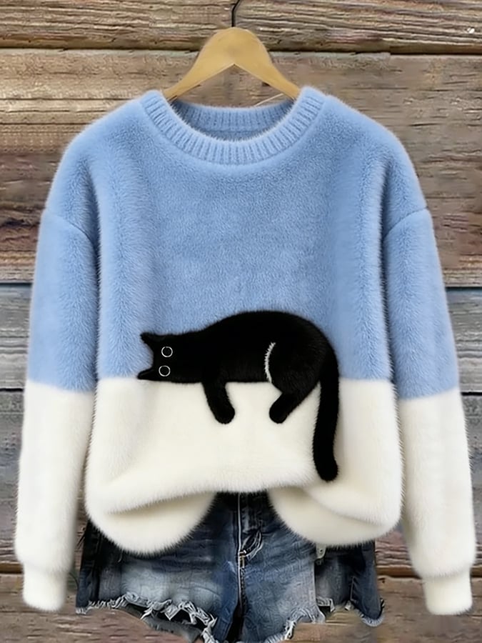 Casual sweater with cat pattern for women