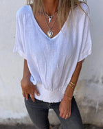 Casual Mixed Ramie V-Neck Top for Women | Ideal for Summer