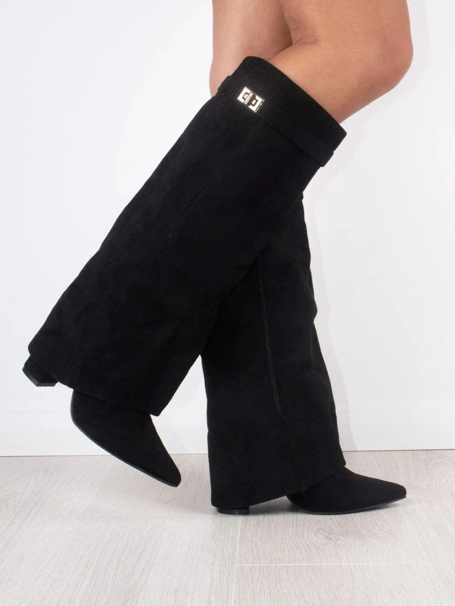 Elegant Black Suede Boots with Golden Details for Women