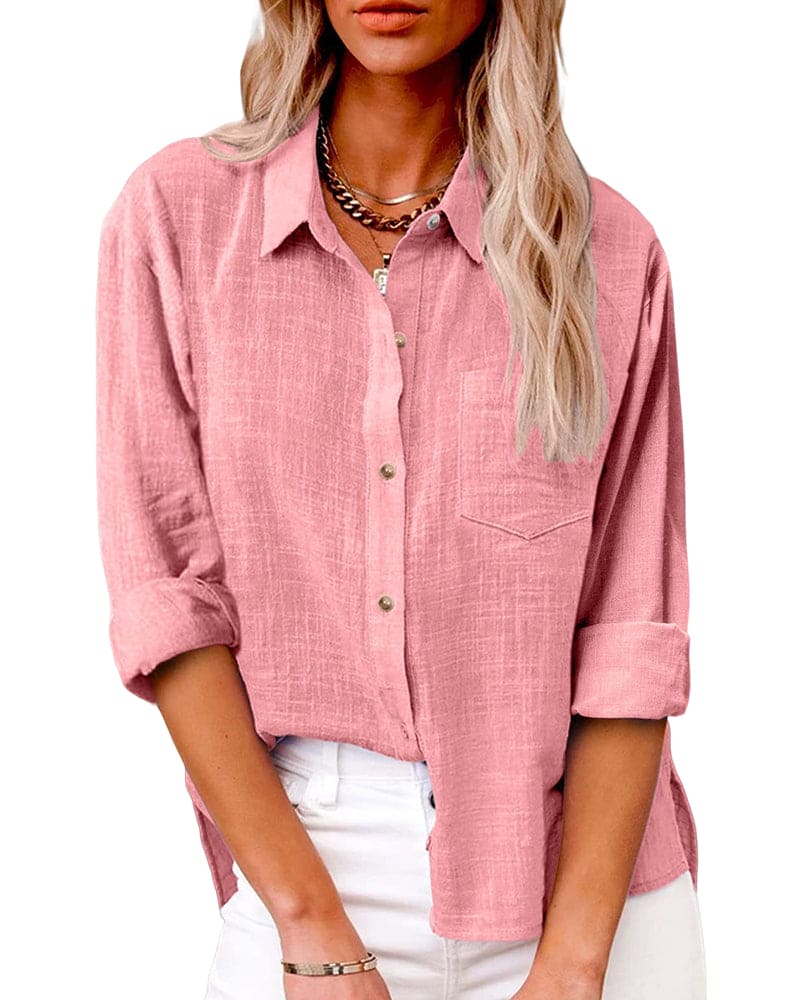 Cotton and Linen Long Sleeve Shirt with Pockets for Women