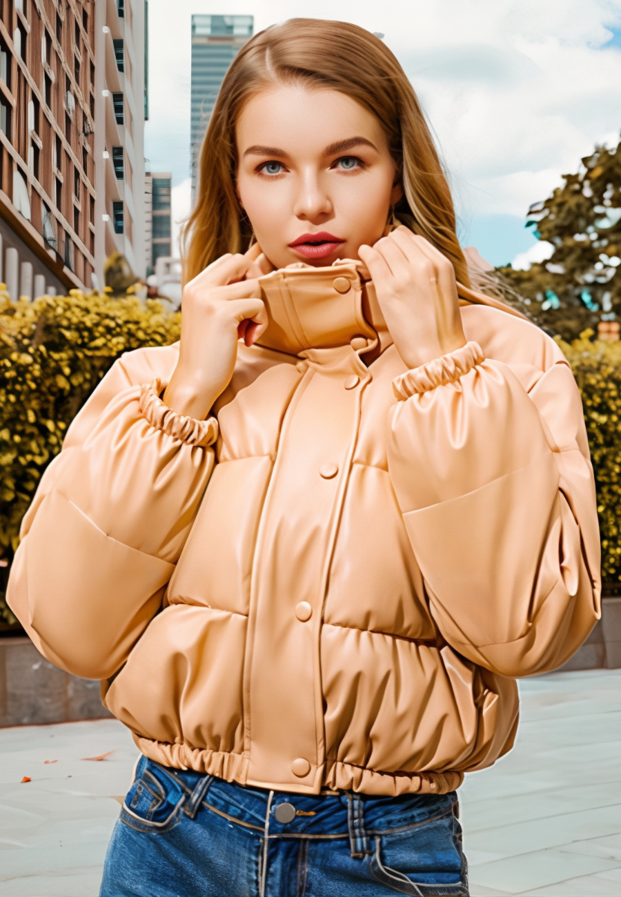 Short Faux Leather Puffer Jacket with Loose Fit and Stand-Up Collar for Women