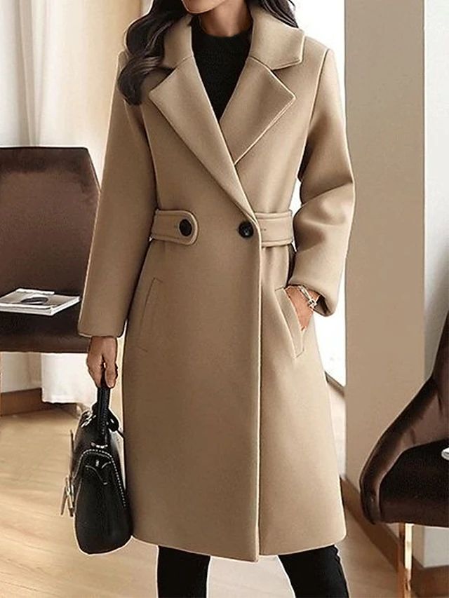 Long Wool Blend Double-Breasted Coat for Women