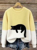 Casual sweater with cat pattern for women