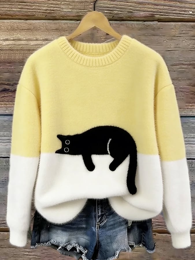 Casual sweater with cat pattern for women