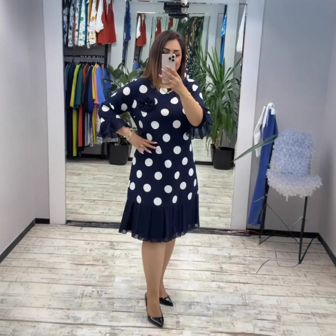 Pleated Polka Dot Dress Pink Navy Fitted Cut
