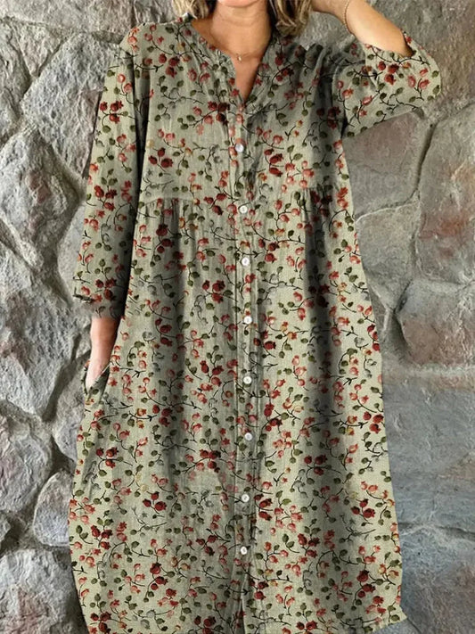 Retro Floral Print Cotton Chemise Dress for Women