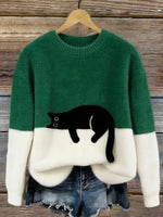 Casual sweater with cat pattern for women