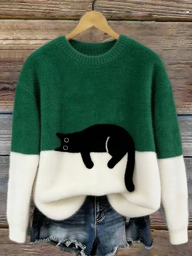 Casual sweater with cat pattern for women