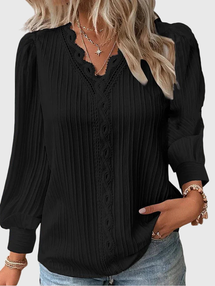 V-Neck Pullover Blouse with Lace for Women