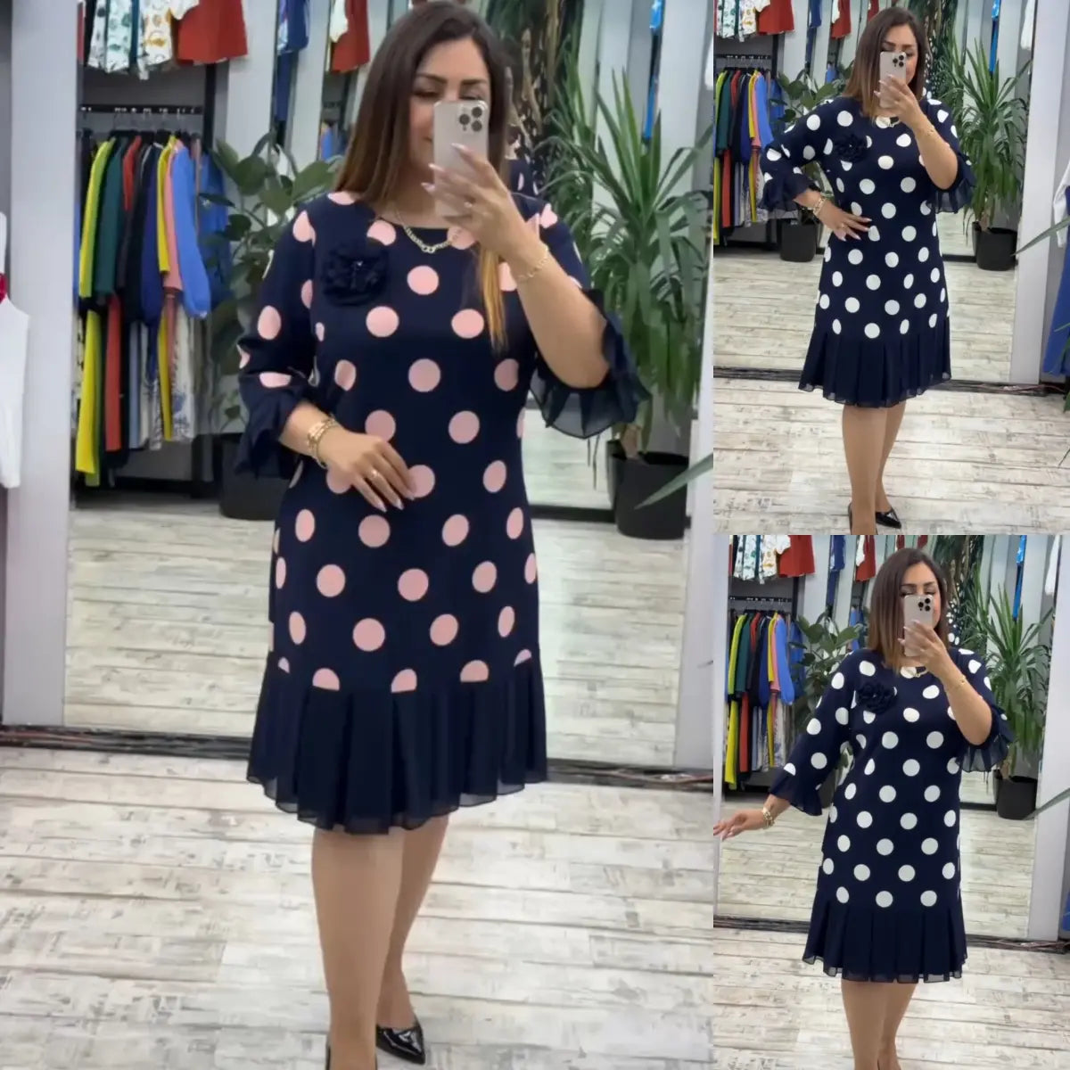 Pleated Polka Dot Dress Pink Navy Fitted Cut