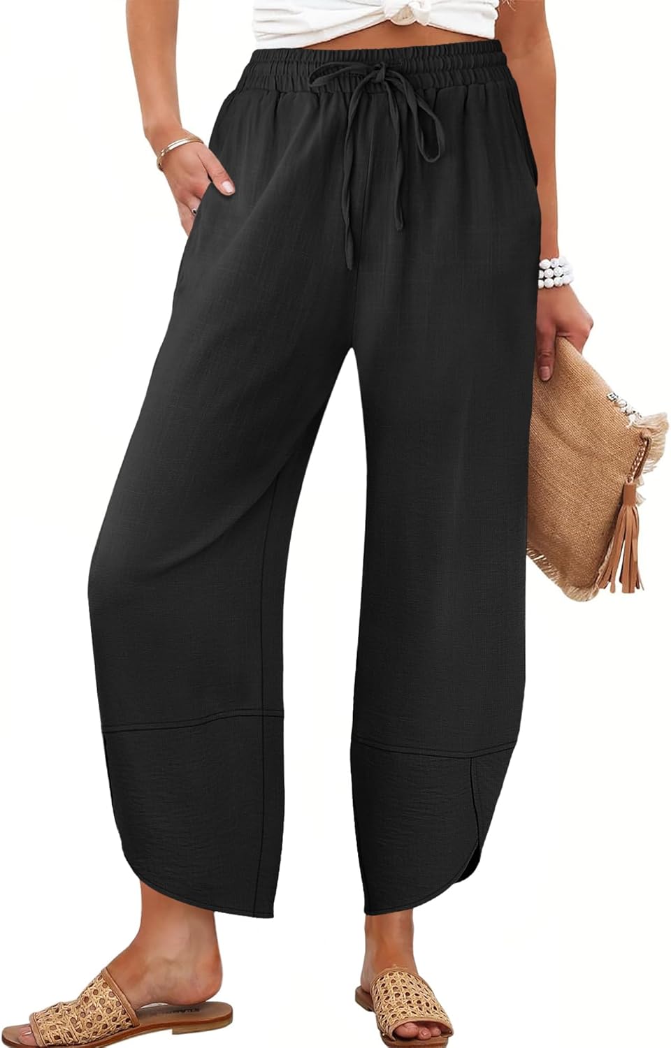 High Waist Flowing Pants with Elastic Waist for Women