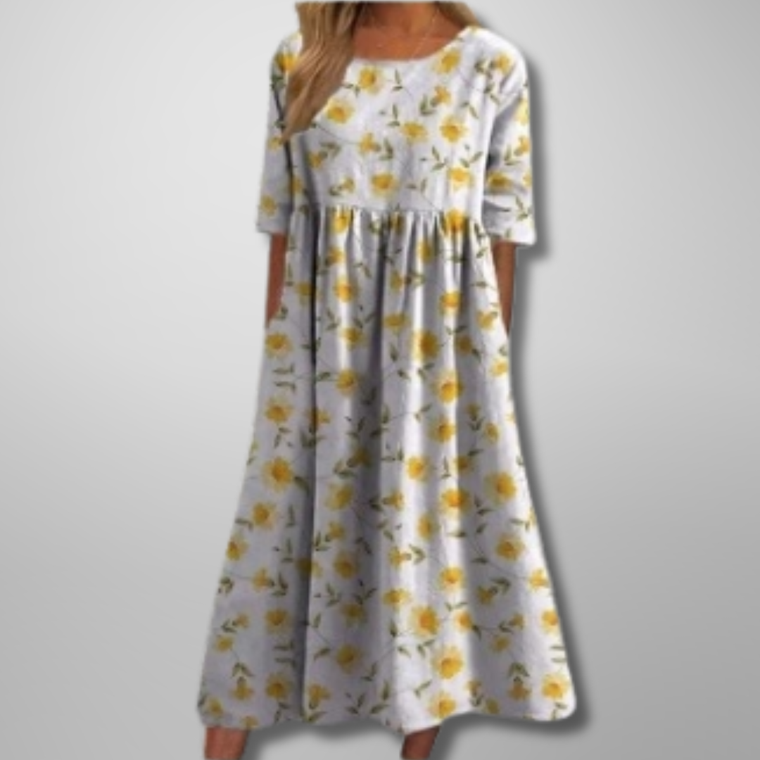 Printed Midi Dress with Round Neck for Women
