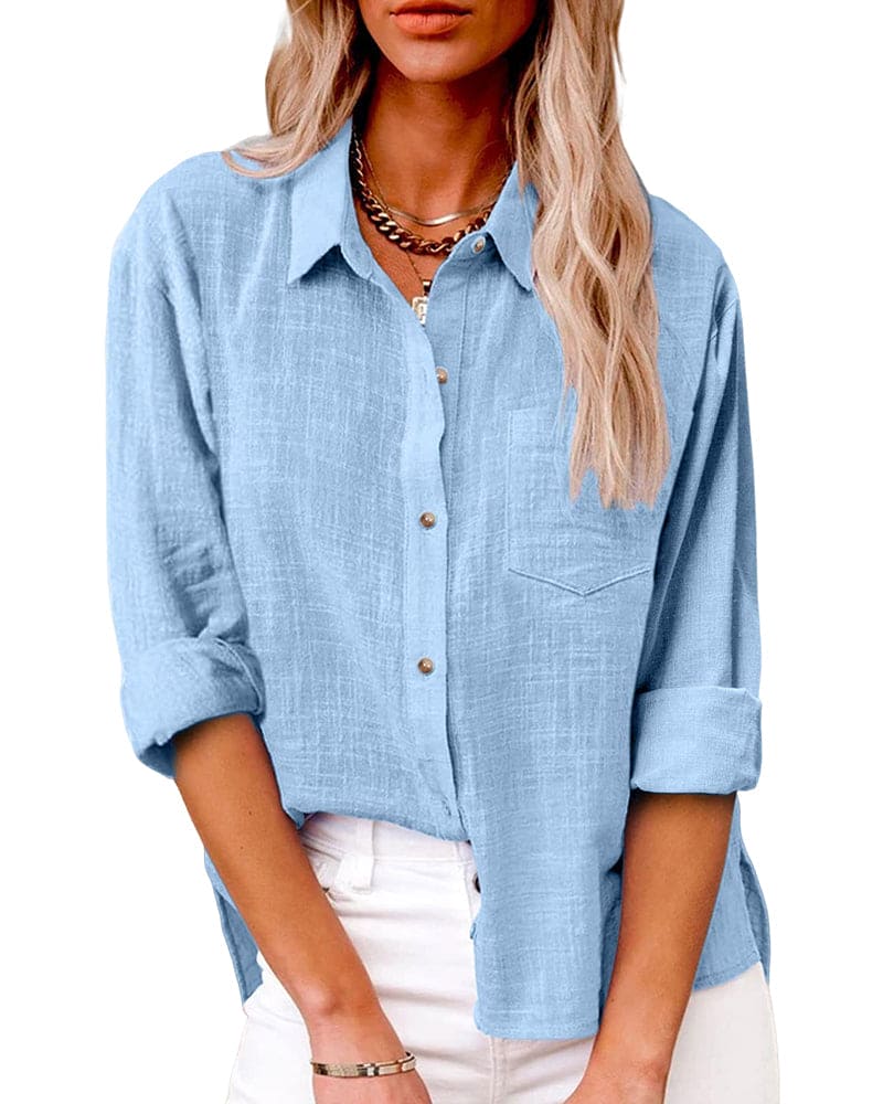 Cotton and Linen Long Sleeve Shirt with Pockets for Women