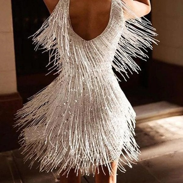 Elegant flattering silhouette fringe evening dress