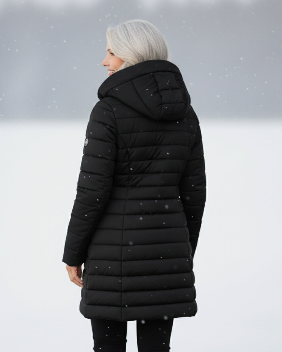 Long Quilted Fitted Down Jacket with Faux Fur Hood