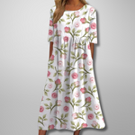Printed Midi Dress with Round Neck for Women