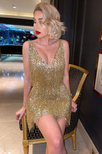 Elegant flattering silhouette fringe evening dress