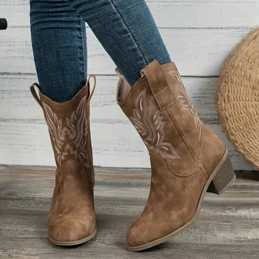 Embroidered Western Style Ankle Boots for Women