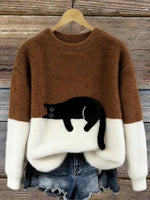 Casual sweater with cat pattern for women