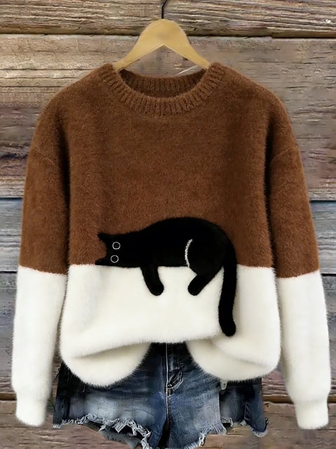 Casual sweater with cat pattern for women