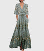 Women's Printed Pleated Long Dress with V-Neck