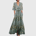 Women's Printed Pleated Long Dress with V-Neck