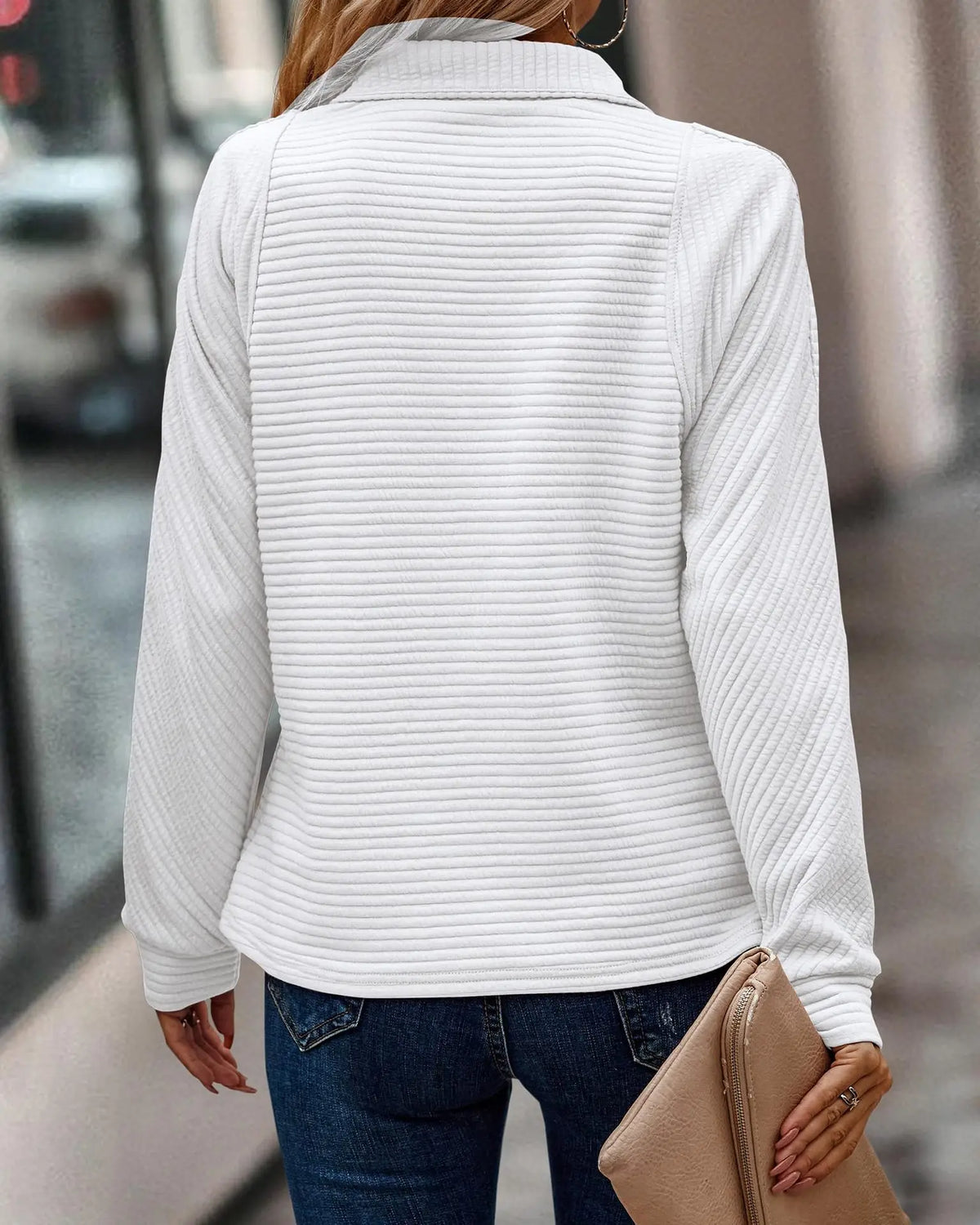 Loose Ribbed Zip-Up Sweater with Long Sleeves for Women  