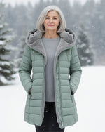 Long Quilted Fitted Down Jacket with Faux Fur Hood