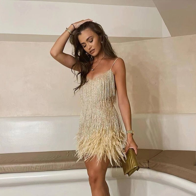 Mini Dress with Feather Details for Women