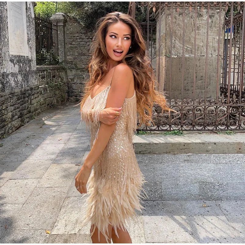 Mini Dress with Feather Details for Women