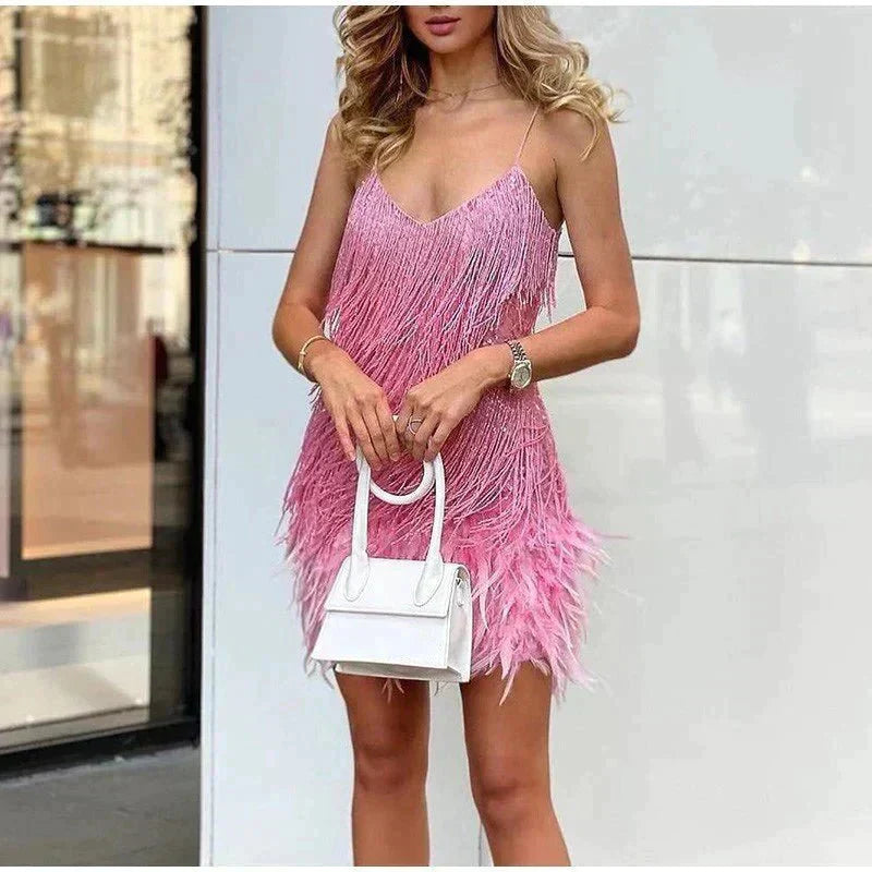 Mini Dress with Feather Details for Women