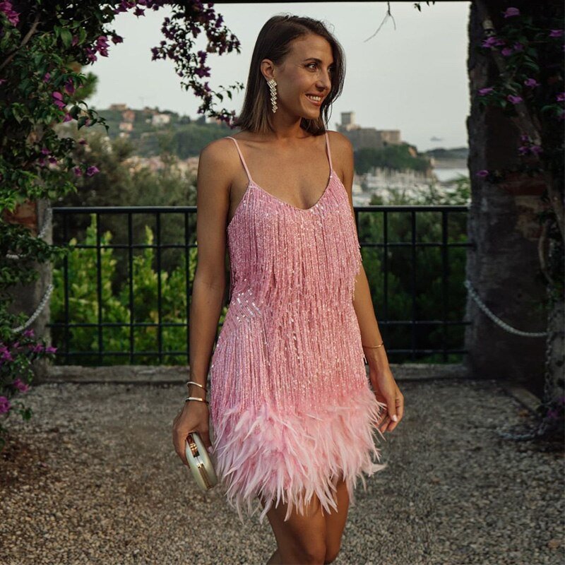 Mini Dress with Feather Details for Women
