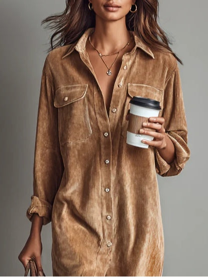 Straight Midi Shirt Dress with Long Sleeves in Corduroy for Women
