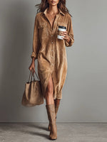 Straight Midi Shirt Dress with Long Sleeves in Corduroy for Women