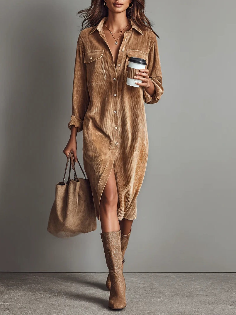 Straight Midi Shirt Dress with Long Sleeves in Corduroy for Women