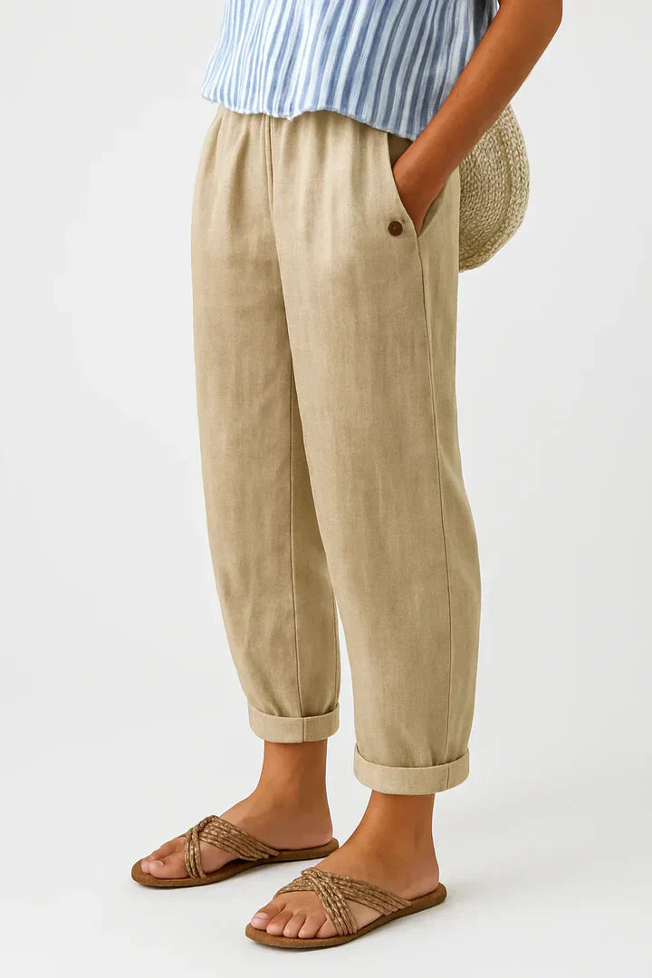 Wide-Leg Elastic Waist Linen Pants for Women