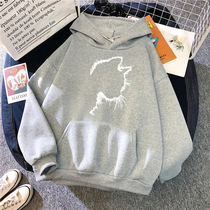Printed Cat Hoodie in Minimalist Style for Women
