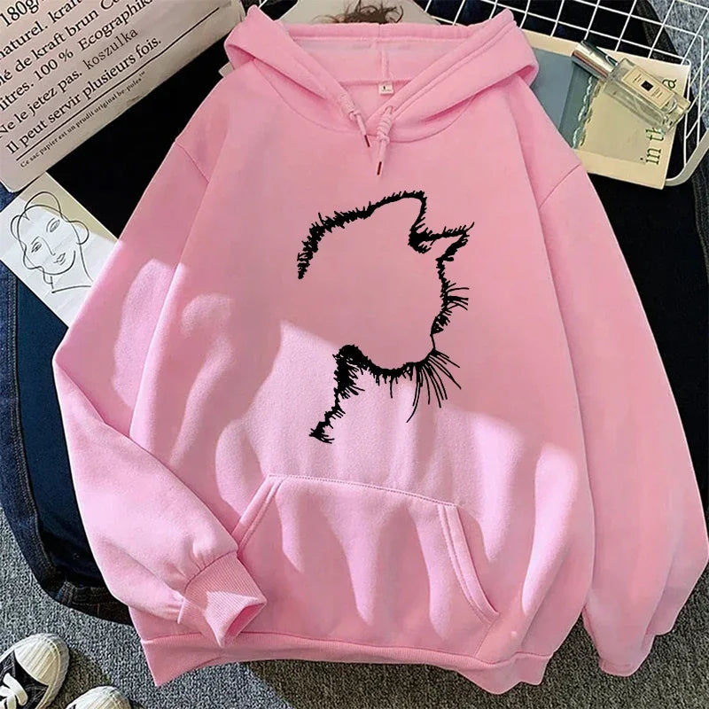 Printed Cat Hoodie in Minimalist Style for Women
