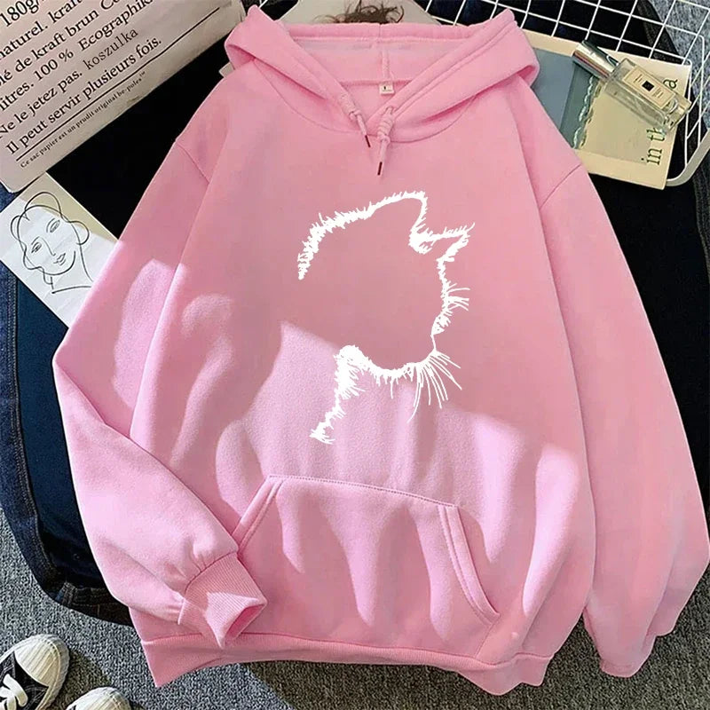 Printed Cat Hoodie in Minimalist Style for Women