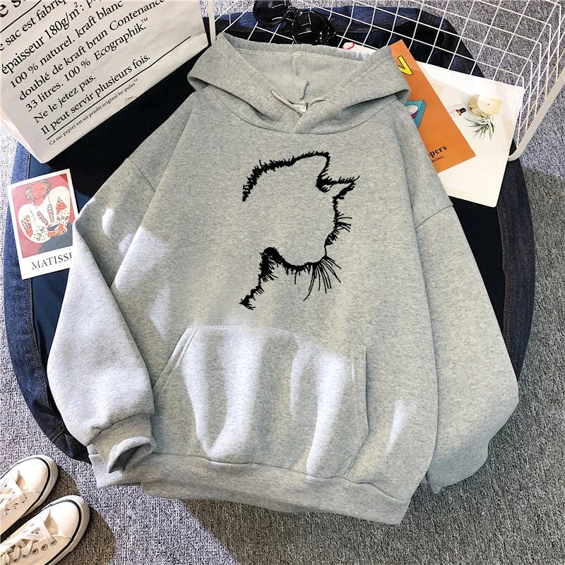Printed Cat Hoodie in Minimalist Style for Women