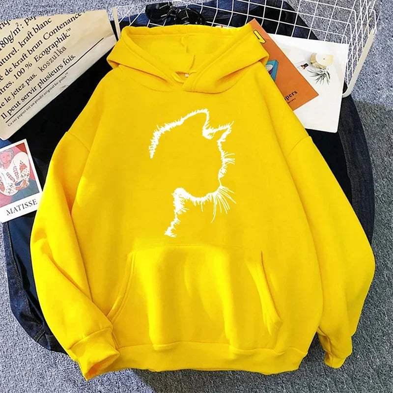 Printed Cat Hoodie in Minimalist Style for Women